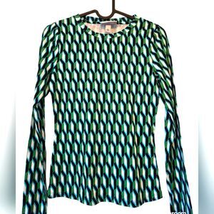 Diane Von Furstenberg Geo Metro Green Arrow Design Long Sleeve Top NWOT Size XXS